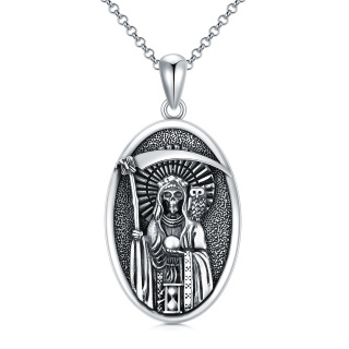 Sterling Silver Santa Muerte Perdoname & Owl Pendant Necklace for Men-5