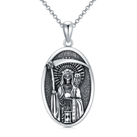 Sterling Silver Santa Muerte Perdoname & Owl Pendant Necklace for Men