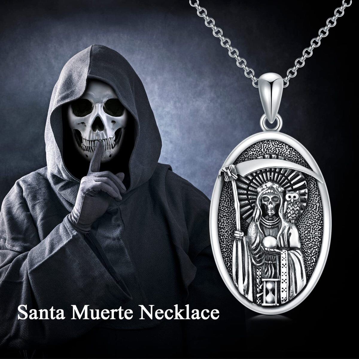 Collar de plata de ley Santa Muerte Perdoname & Búho para hombre-5