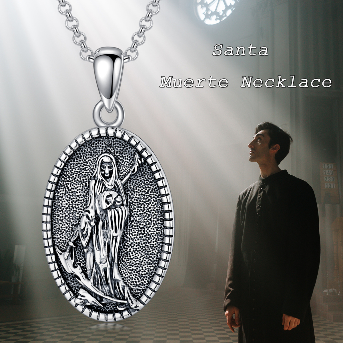 Collier en argent sterling avec pendentif Santa Muerte Perdoname-6