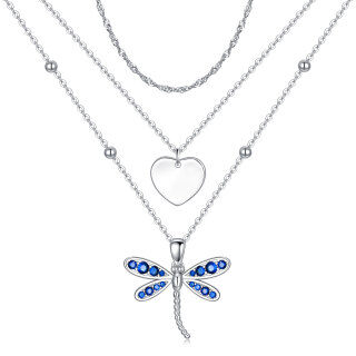 Sterling Silver Sapphire Crystal Dragonfly & Heart Layered Necklace-9