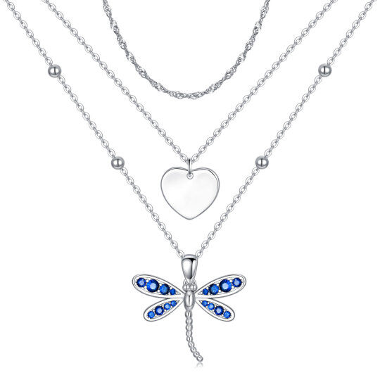 Sterling Silver Sapphire Crystal Dragonfly & Heart Layered Necklace