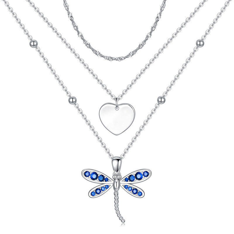 Sterling Silver Sapphire Crystal Dragonfly & Heart Layered Necklace-6