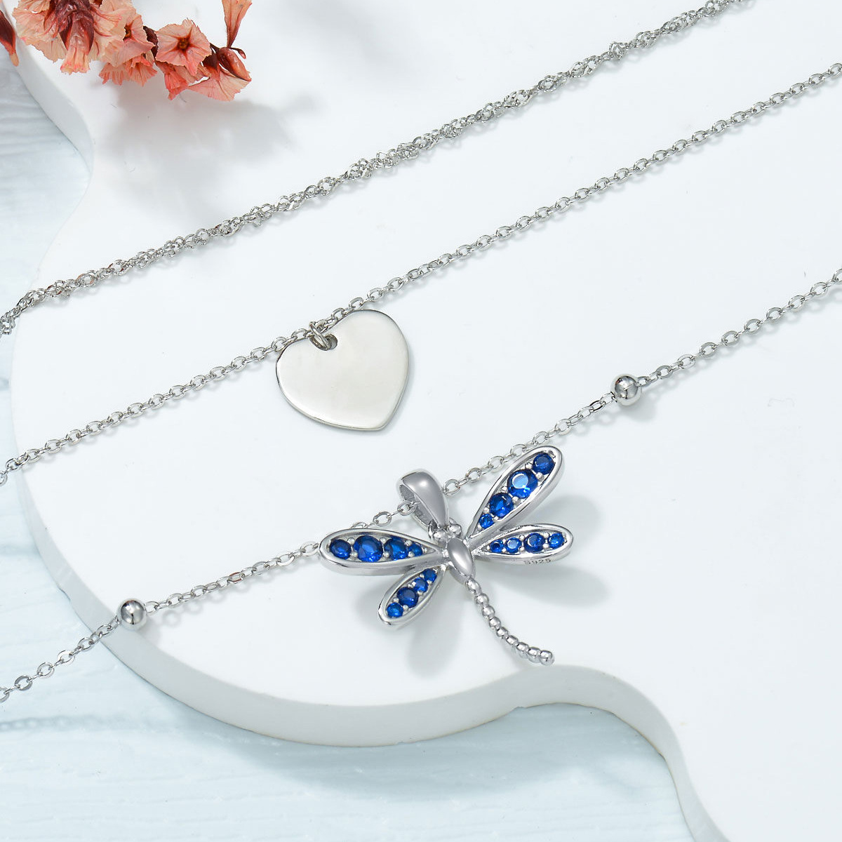 Sterling Silver Sapphire Crystal Dragonfly & Heart Layered Necklace-3