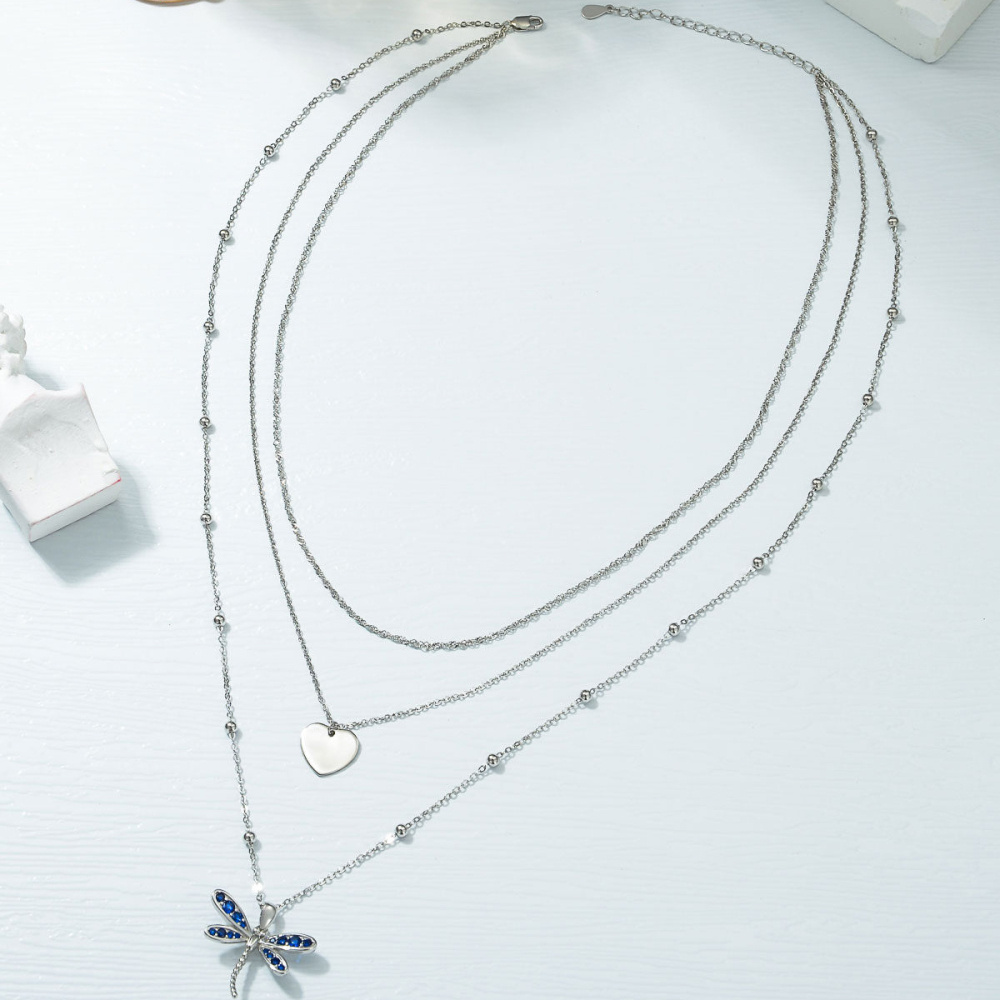 Sterling Silber Saphir Kristall Libelle & Herz geschichtete Halskette-4