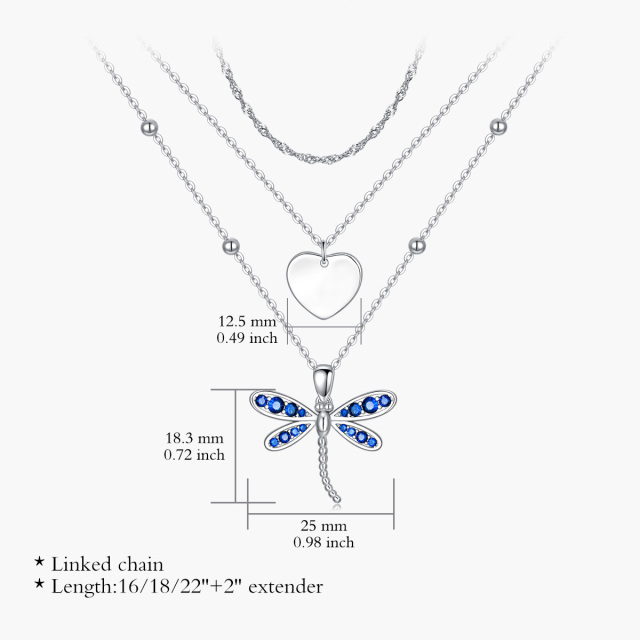 Colar em camadas de libélula e coração em prata de lei com cristal de safira-5