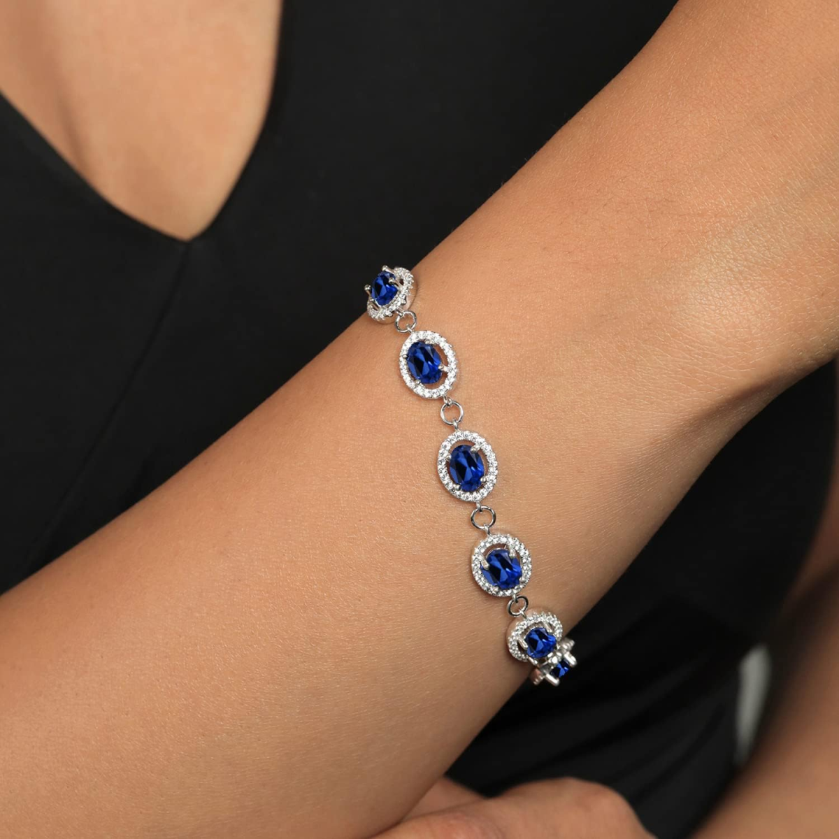 Pulsera de plata de ley con dijes redondos de zafiro y piedras preciosas-2