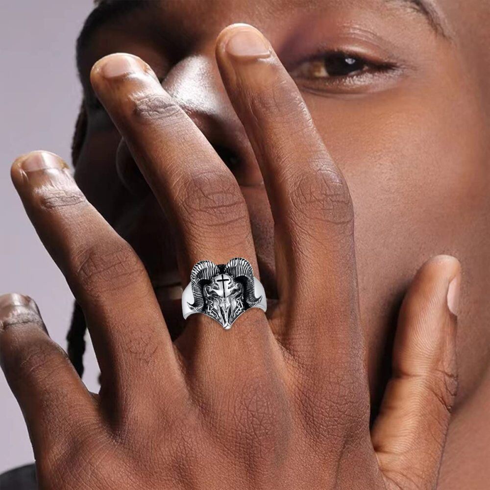 Sterling Silver Satanic Goat Ring for Men-2