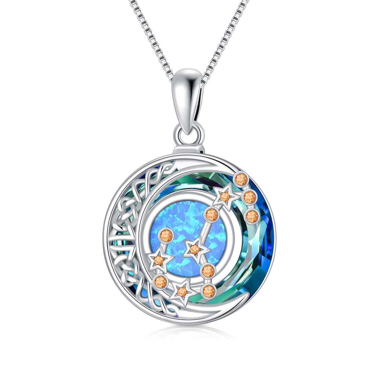 Sterling Silver Scorpio Circular Opal With Crystal Pendant Necklace-1