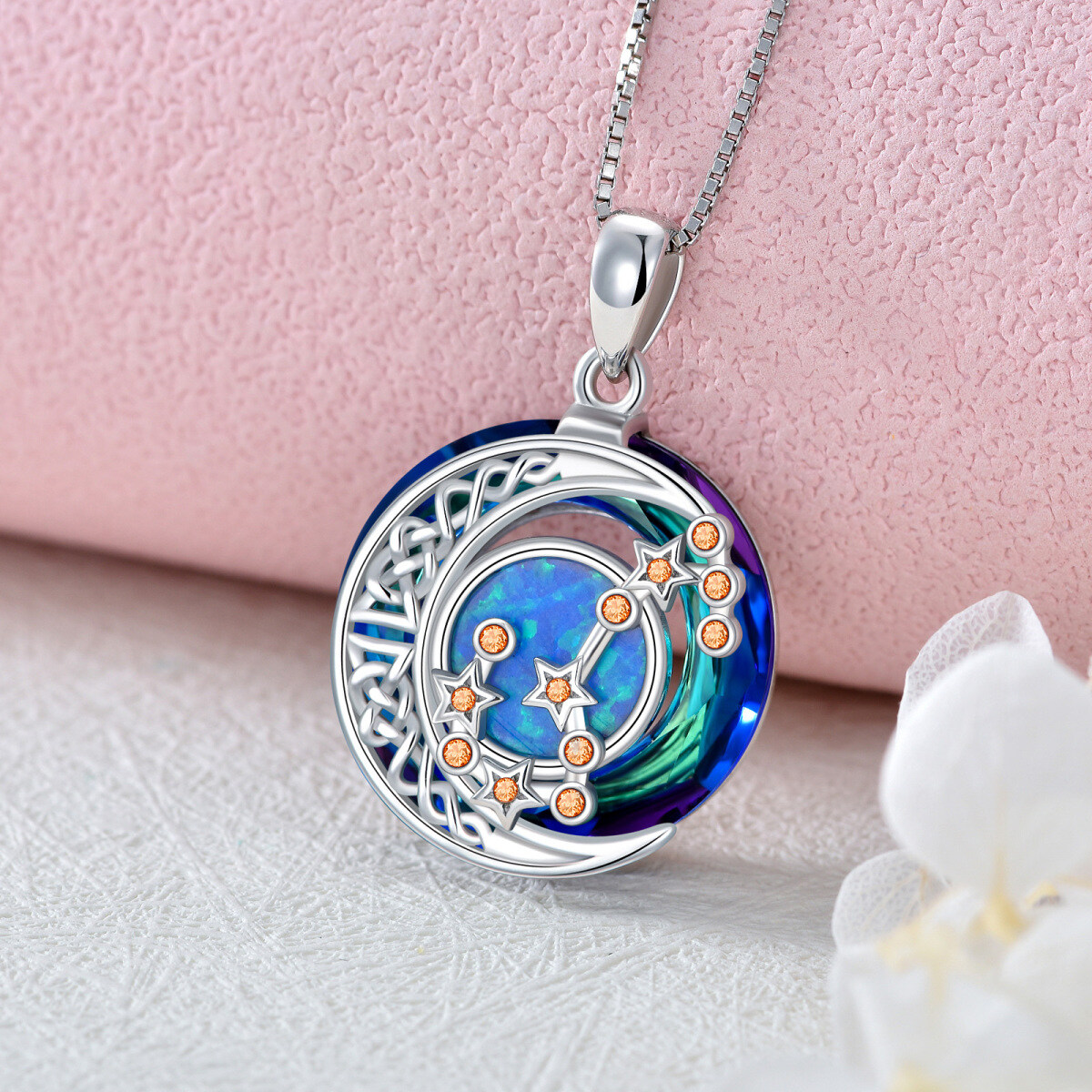 Sterling Silver Scorpio Circular Opal With Crystal Pendant Necklace-3