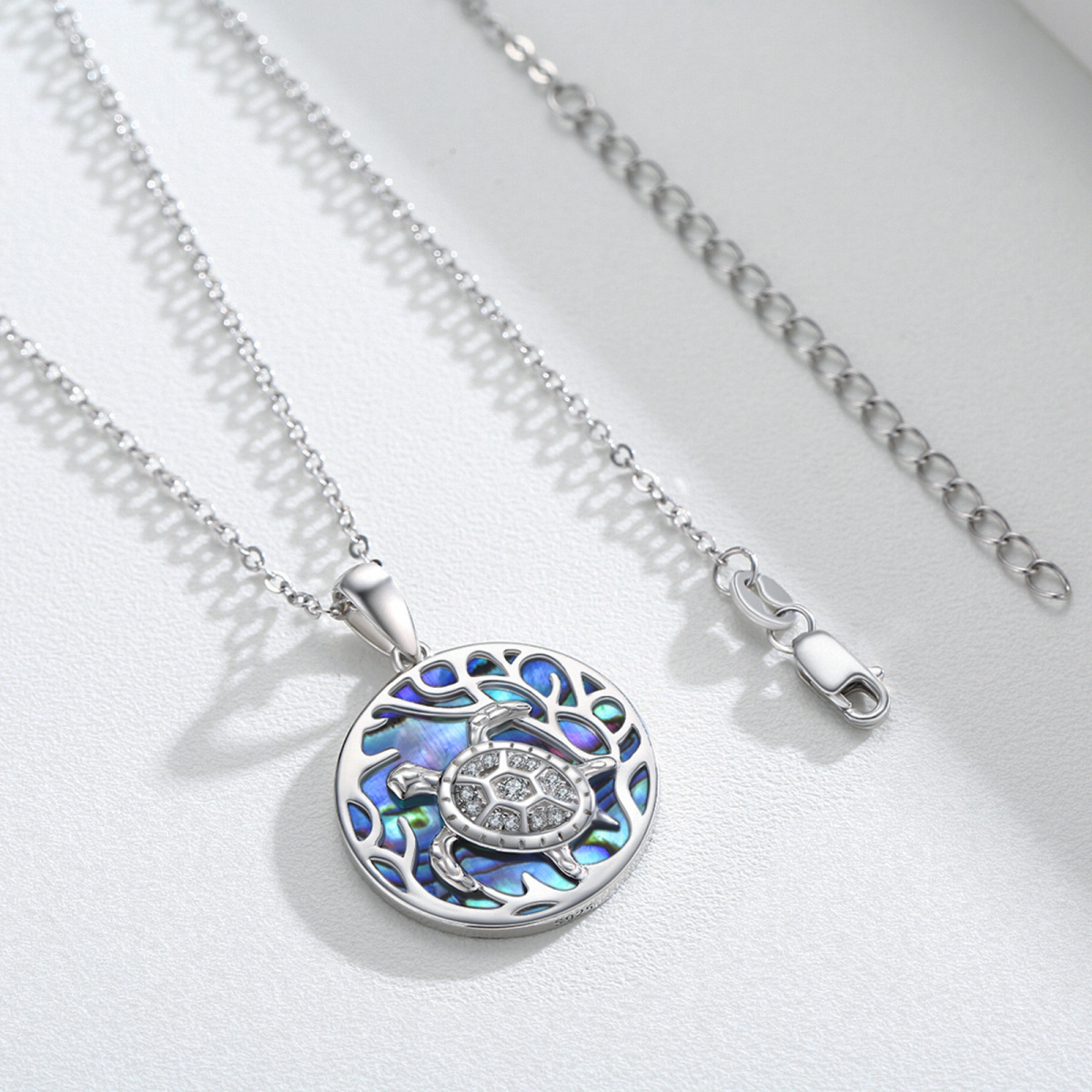 Sterling Silver Sea Turtle Blue Abalone Shellfish Pendant Necklace-4