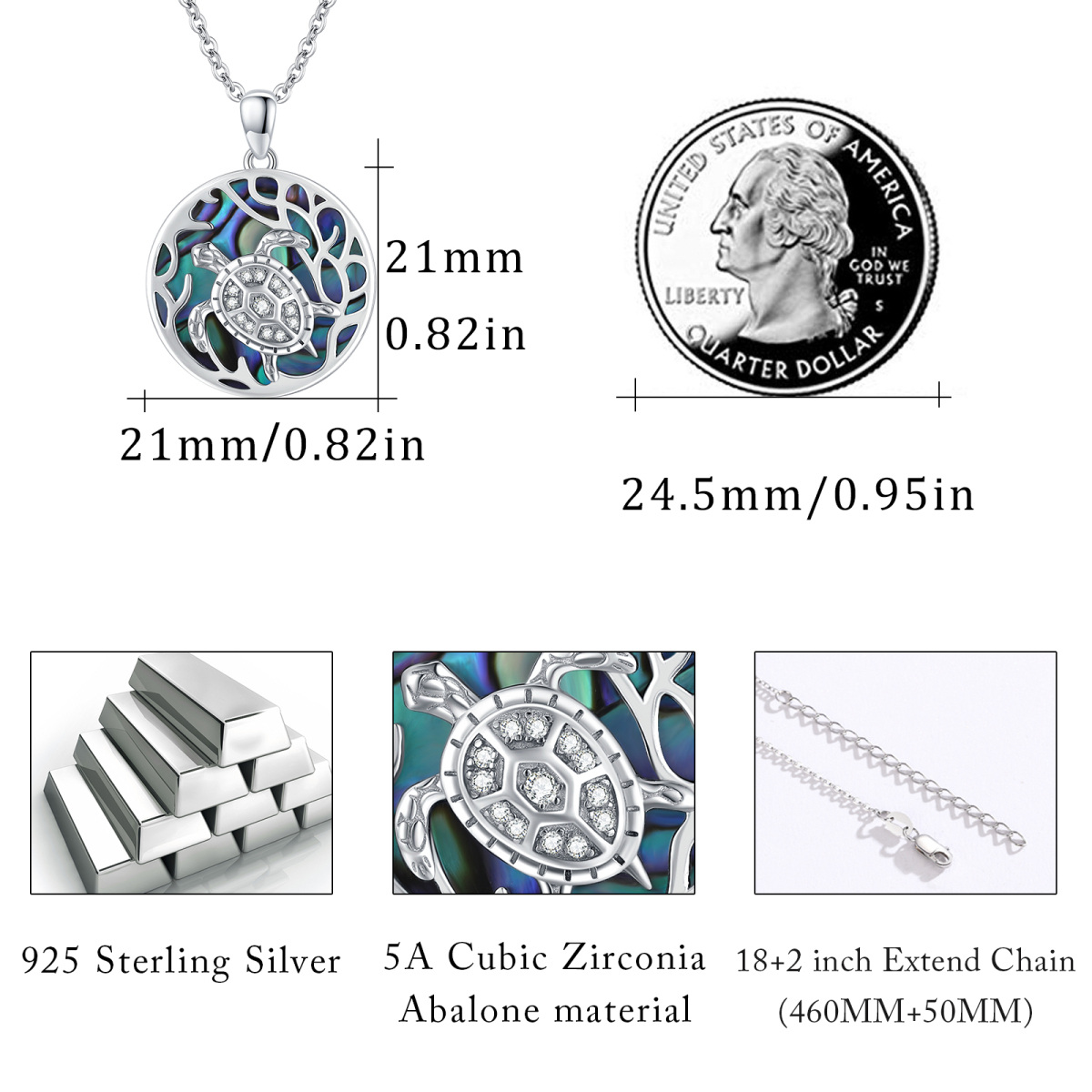 Sterling Silber Meeresschildkröte Blau Abalone Muschel Anhänger Halskette-5