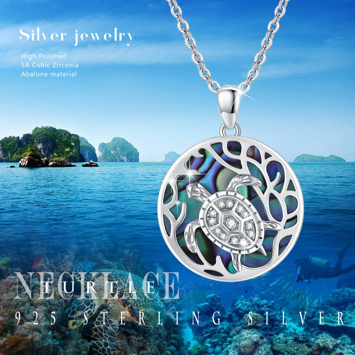 Sterling Silver Sea Turtle Blue Abalone Shellfish Pendant Necklace-6