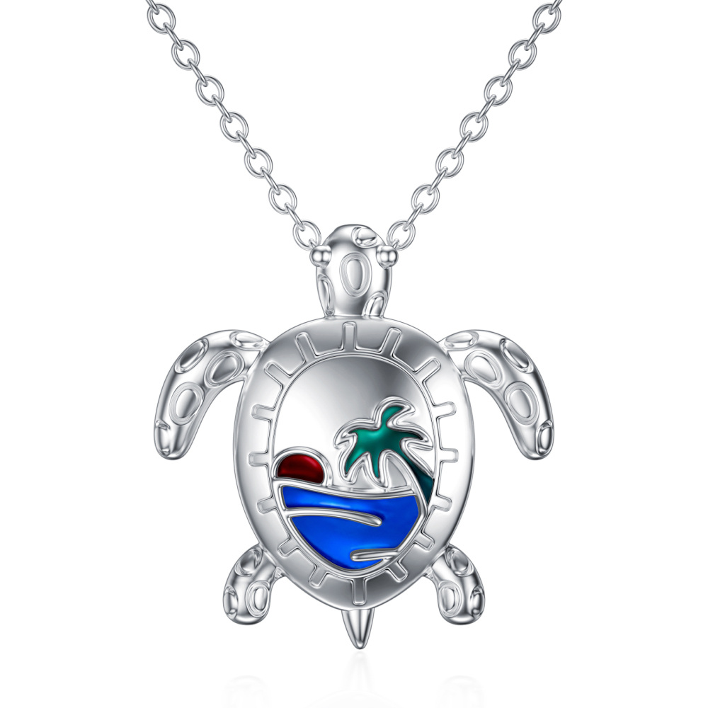 Sterling zilveren zeeschildpad & kokosnootboom hanger ketting-1