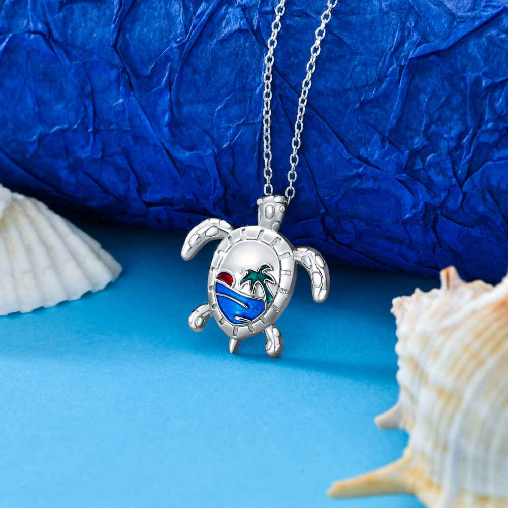 Sterling zilveren zeeschildpad & kokosnootboom hanger ketting-3