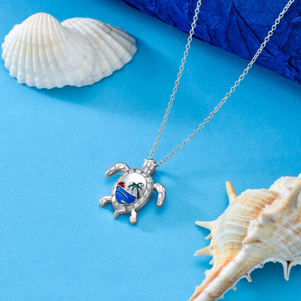 Sterling zilveren zeeschildpad & kokosnootboom hanger ketting-4