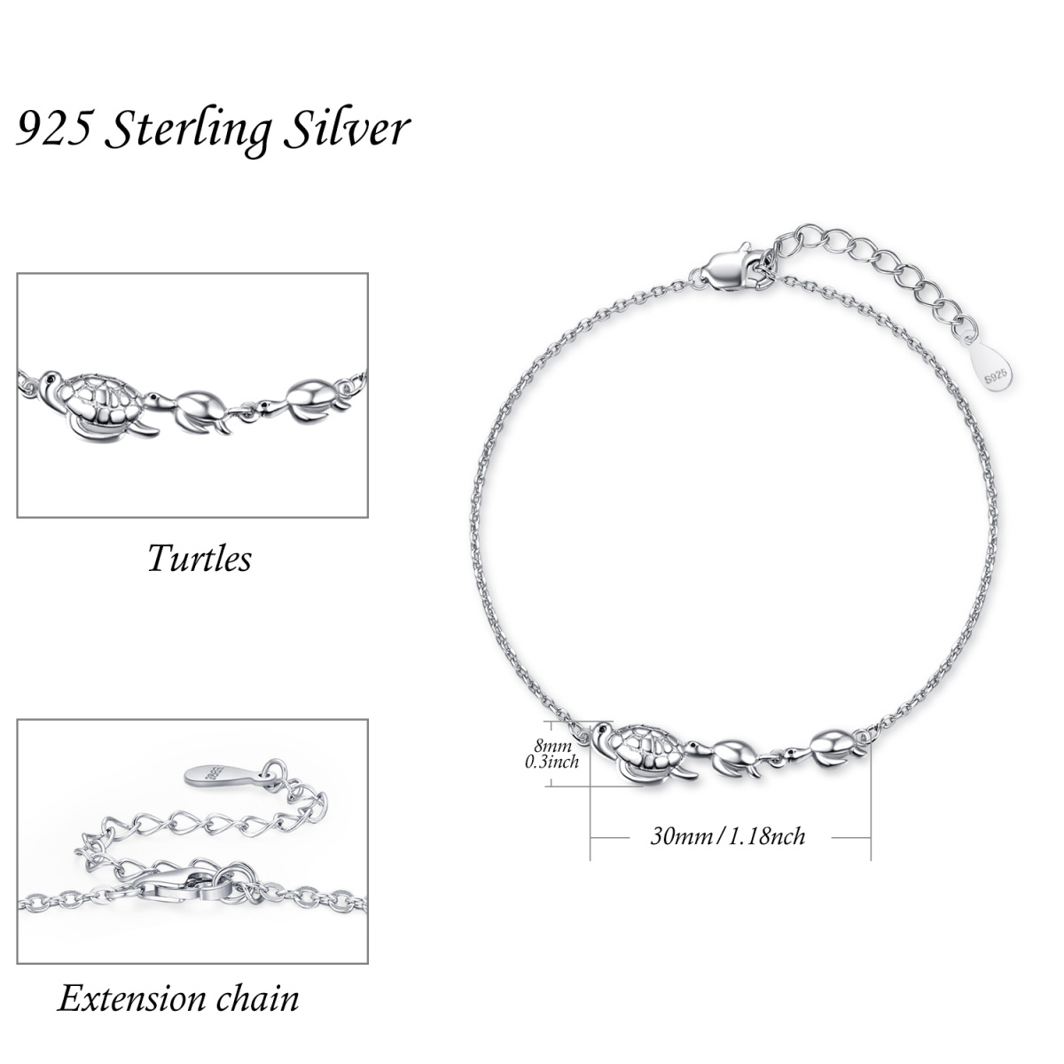 Sterling Silver Sea Turtle Curb Link Chain Bracelet-4