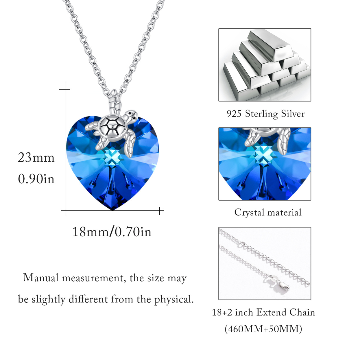 Sterling Silver Sea Turtle & Heart Crystal Pendant Necklace-4