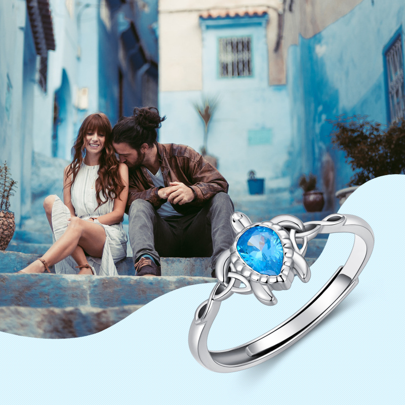 Anello aperto con tartaruga marina in argento 925 con zirconia cubica-5