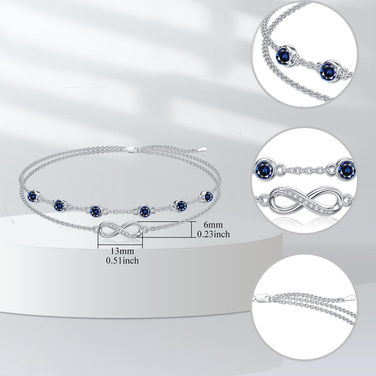 Bracelet de cheville multicouche en argent sterling avec pierre de naissance du mois de septembre et symbole de l'infini-4