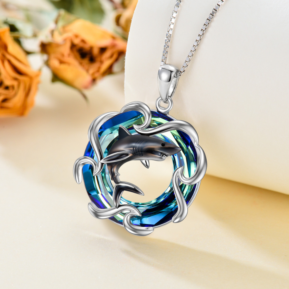 Sterling Silver Shark Crystal Pendant Necklace-3