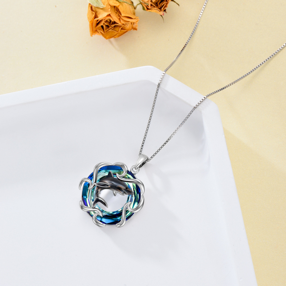Sterling Silver Shark Crystal Pendant Necklace-4