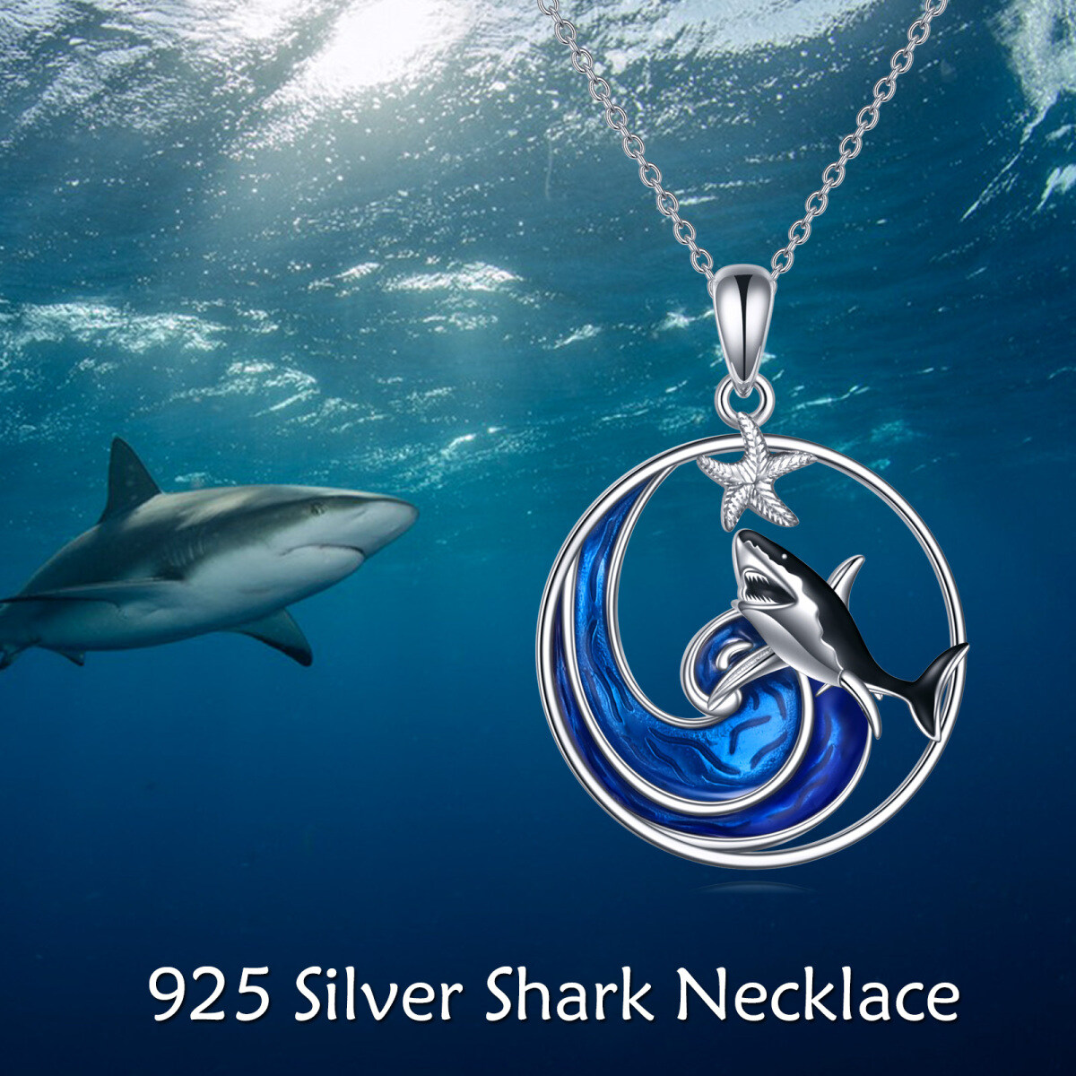 Sterling Silver Shark & Starfish Pendant Necklace-3