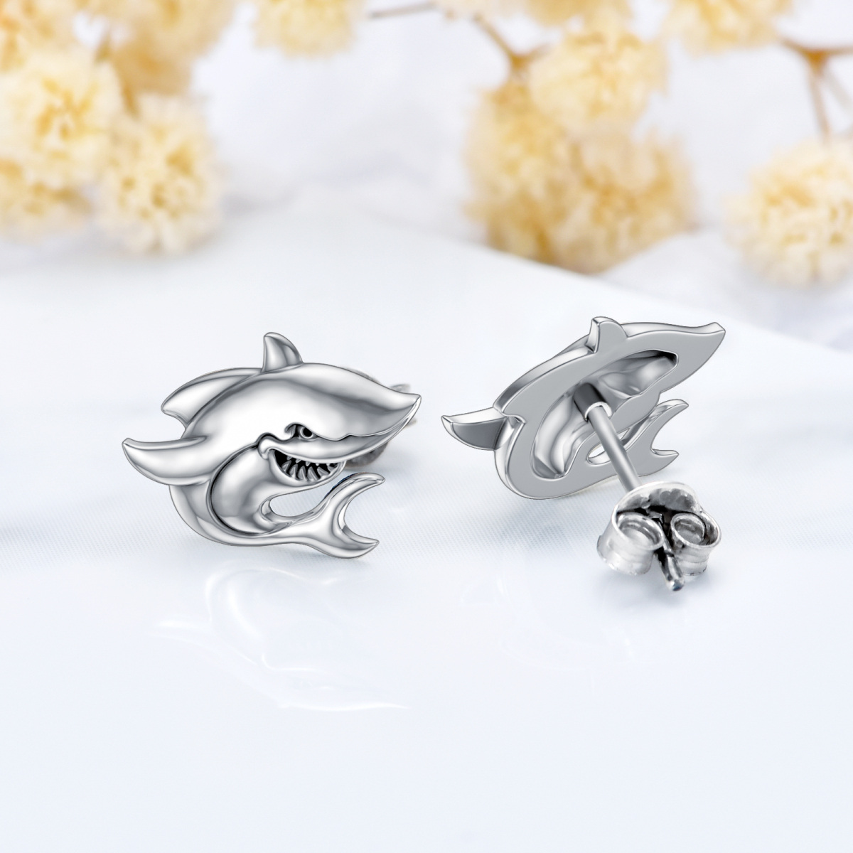 Sterling Silver Shark Stud Earrings-4