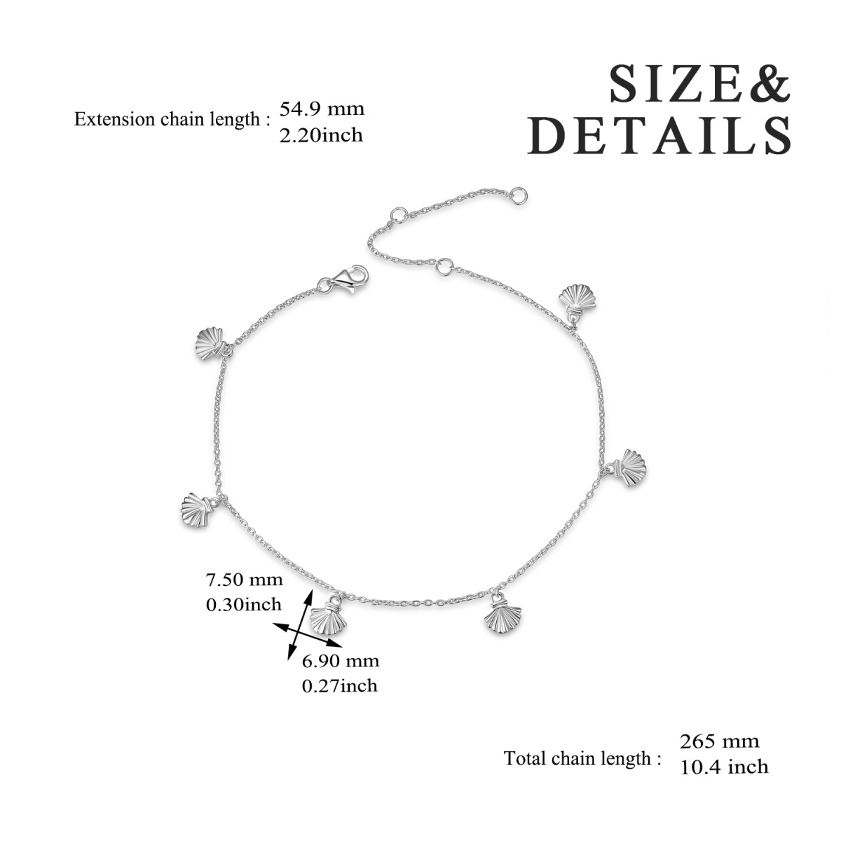 Tornozeleira de camada única de concha em prata esterlina-5