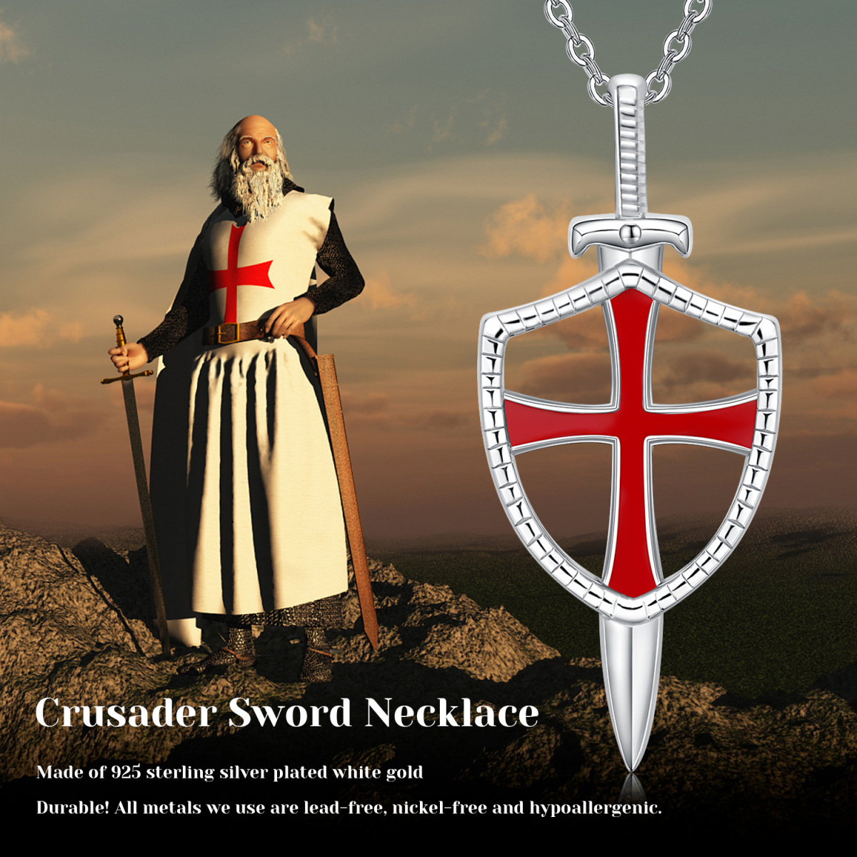 Sterling Silver Shield & Sword Pendant Necklace-5