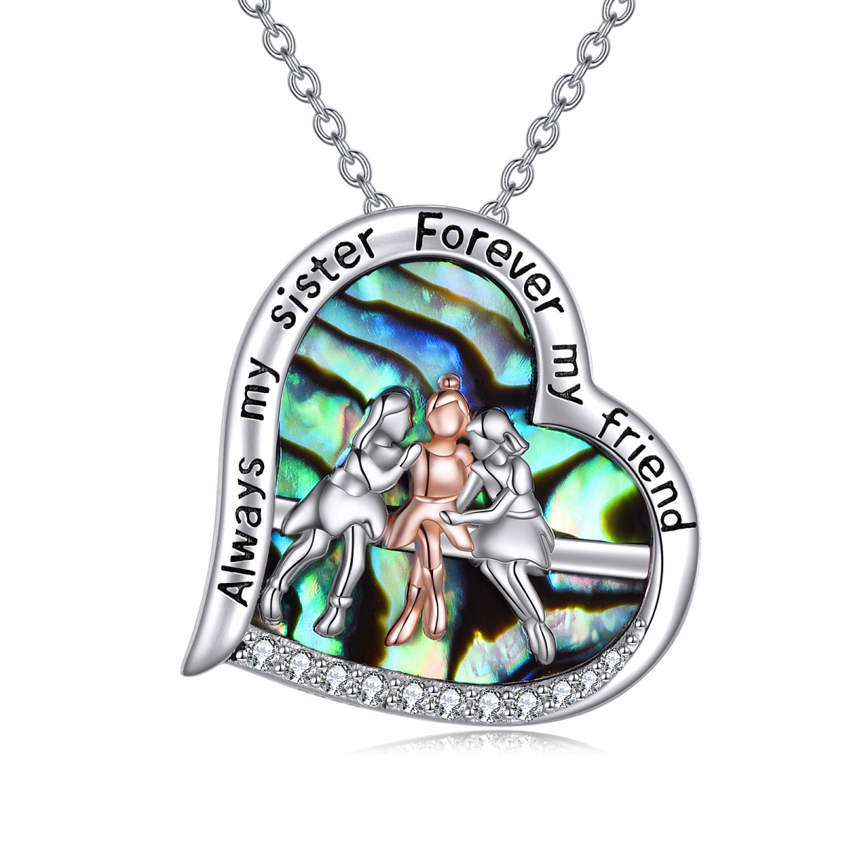 Sterling Silver Two-tone Abalone Shellfish Three Sisters Heart Engraved Necklace for Women-1