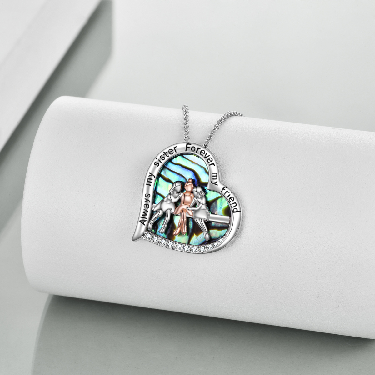 Sterling Silver Two-tone Abalone Shellfish Three Sisters Heart Engraved Necklace for Women-3