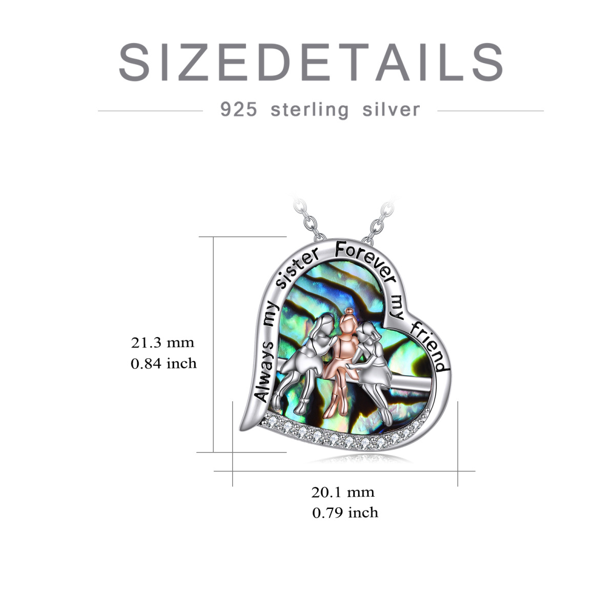 Sterling Silver Two-tone Abalone Shellfish Three Sisters Heart Engraved Necklace for Women-5