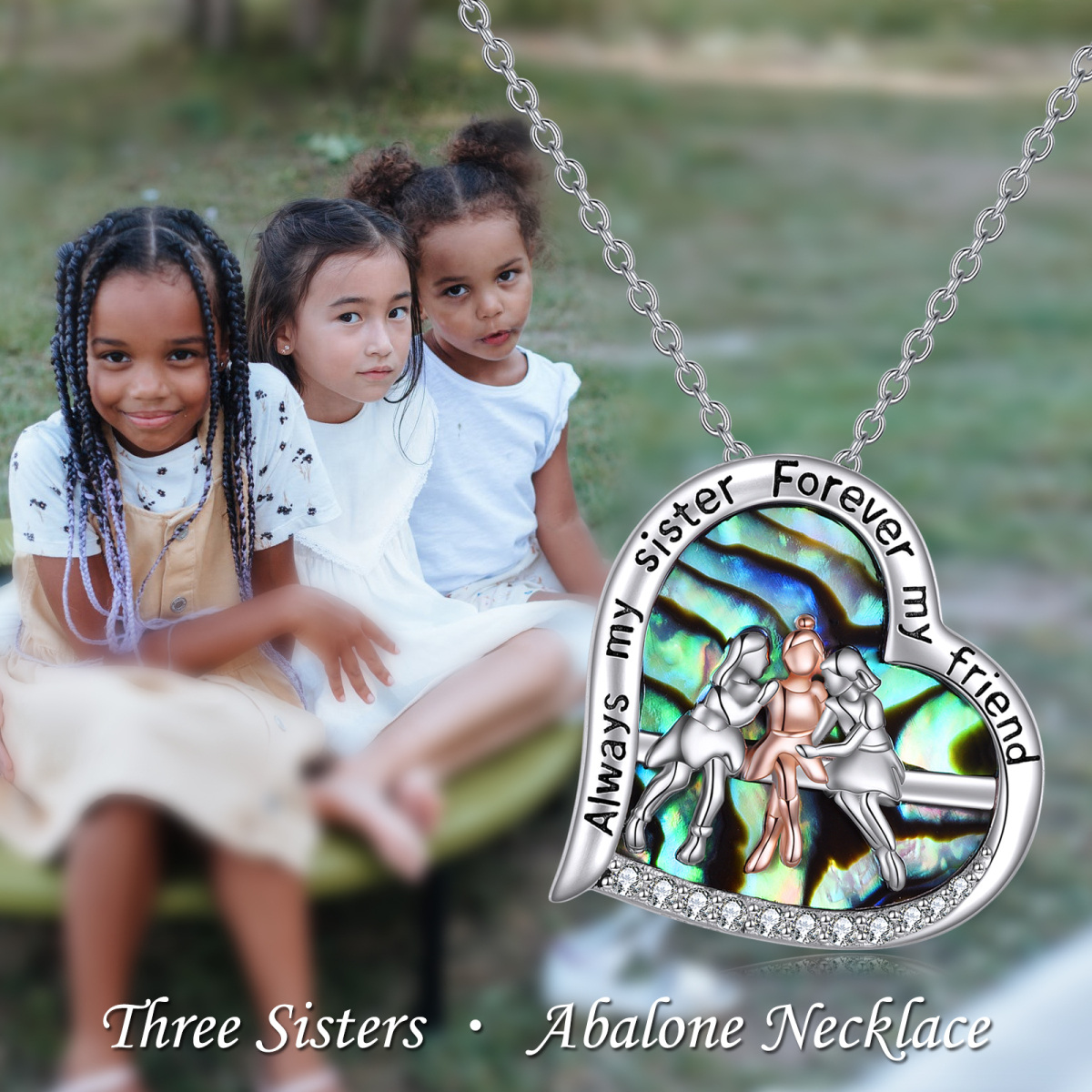 Sterling Silver Two-tone Abalone Shellfish Three Sisters Heart Engraved Necklace for Women-6