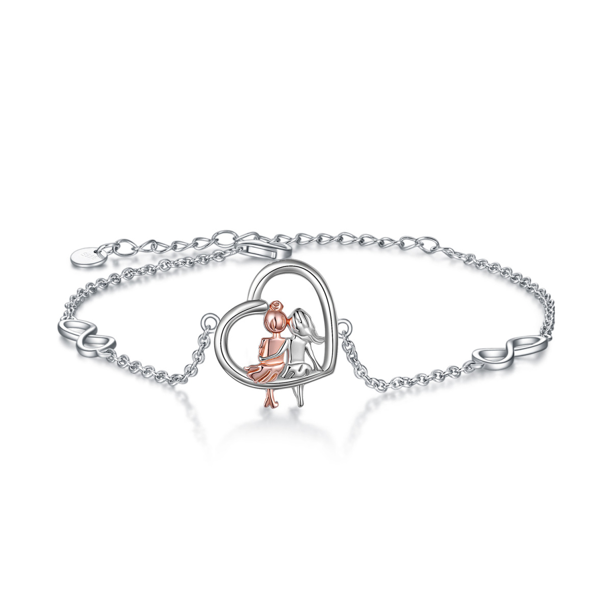 Sterling Silver Two-tone Sisters & Heart Infinity Symbol Pendant Bracelet for Women-1