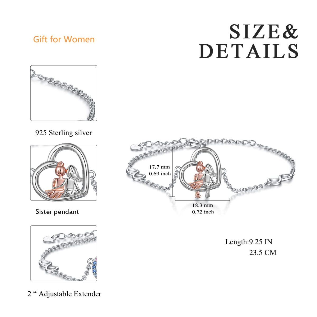 Sterling Silver Two-tone Sisters & Heart Infinity Symbol Pendant Bracelet for Women-5