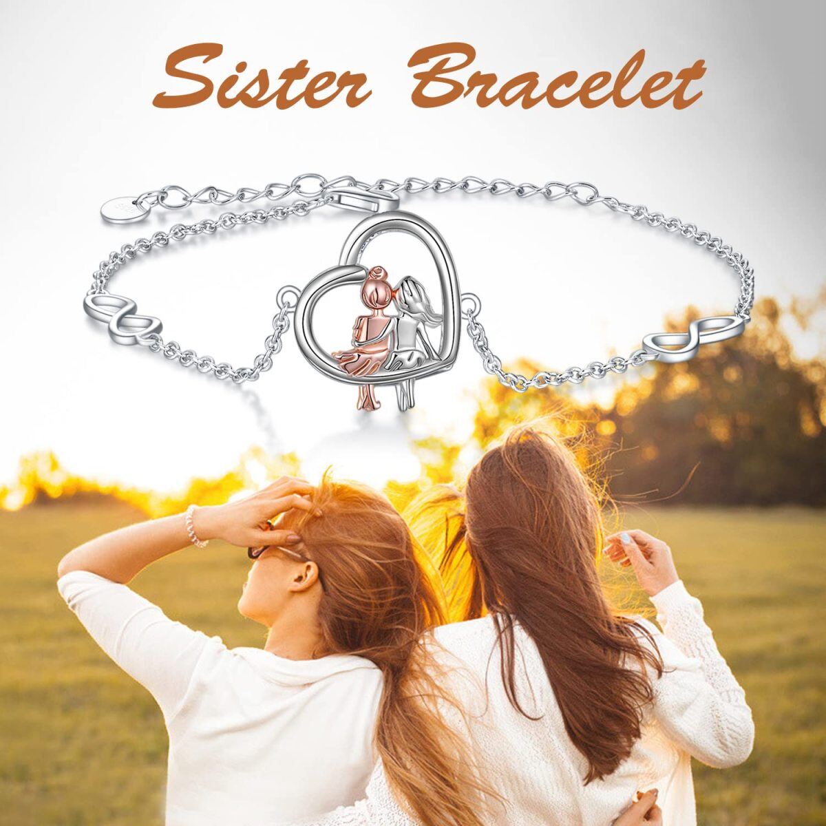 Sterling Silver Two-tone Sisters & Heart Infinity Symbol Pendant Bracelet for Women-6