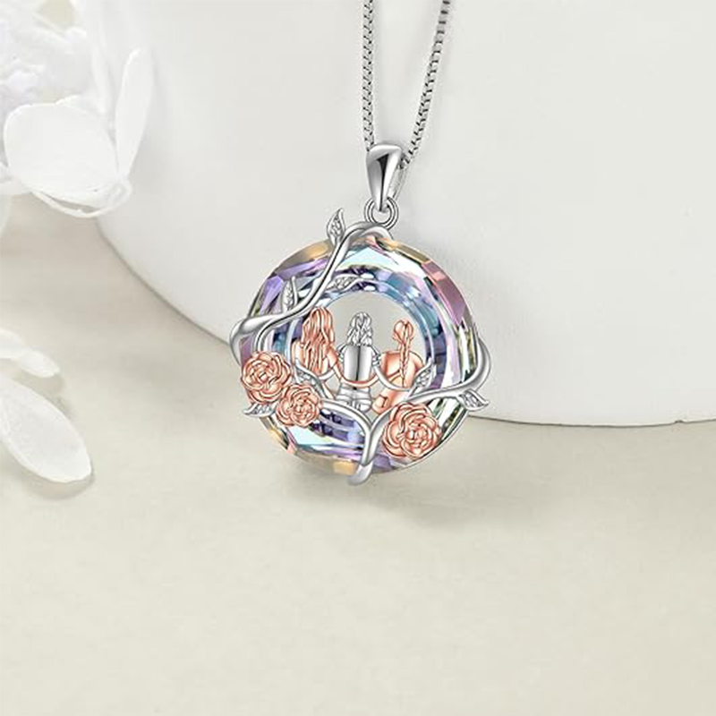 Sterling Silver Sisters Crystal Pendant Necklace-4