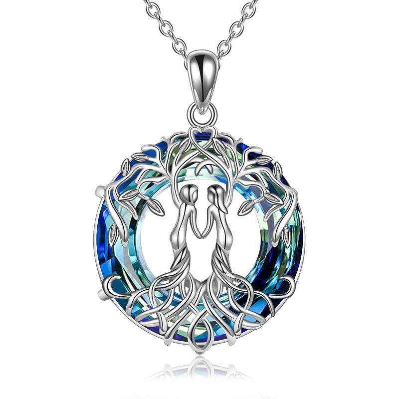Sterling Silver Sisters Tree Of Life Circular Shaped Blue Crystal Pendant Necklace-6