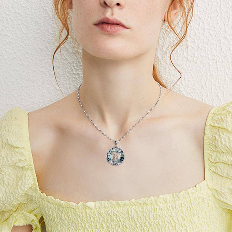 Sterling Silver Sisters Tree Of Life Circular Shaped Blue Crystal Pendant Necklace-2