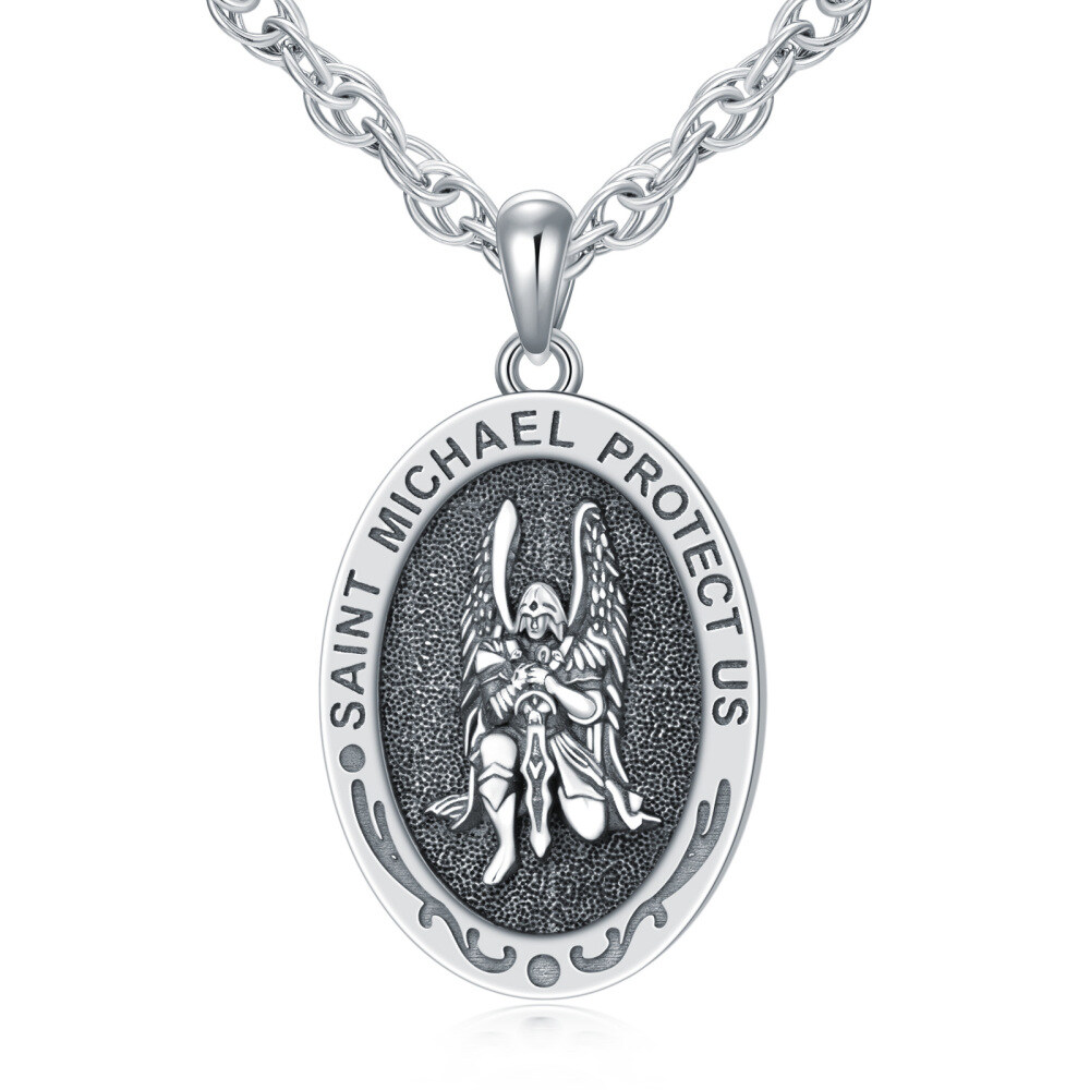 Sterling Silver Sitting Saint Michael Pendant Necklace with Engraved Word for Men-1