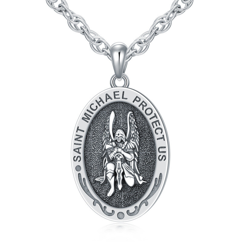 Sterling Silver Sitting Saint Michael Pendant Necklace with Engraved Word for Men-7