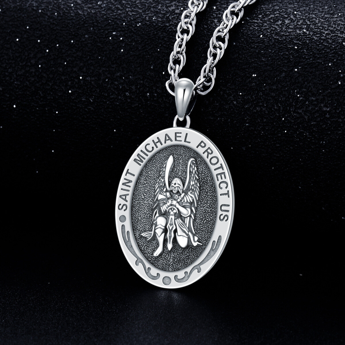 Sterling Silver Sitting Saint Michael Pendant Necklace with Engraved Word for Men-3