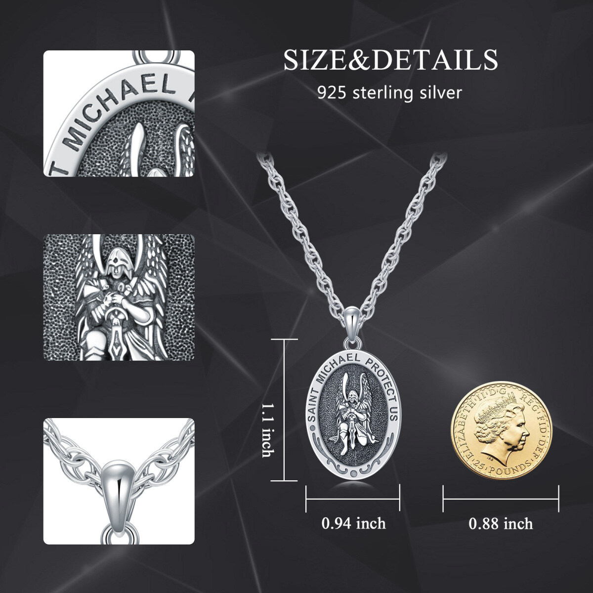 Sterling Silver Sitting Saint Michael Pendant Necklace with Engraved Word for Men-5