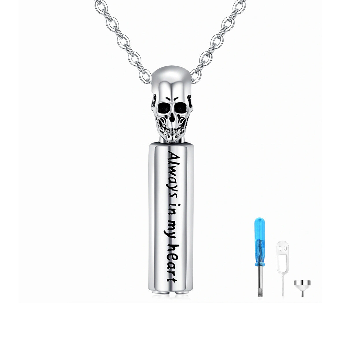 Collar Urna Calavera de Plata de Ley para Cenizas con Palabra Grabada-1