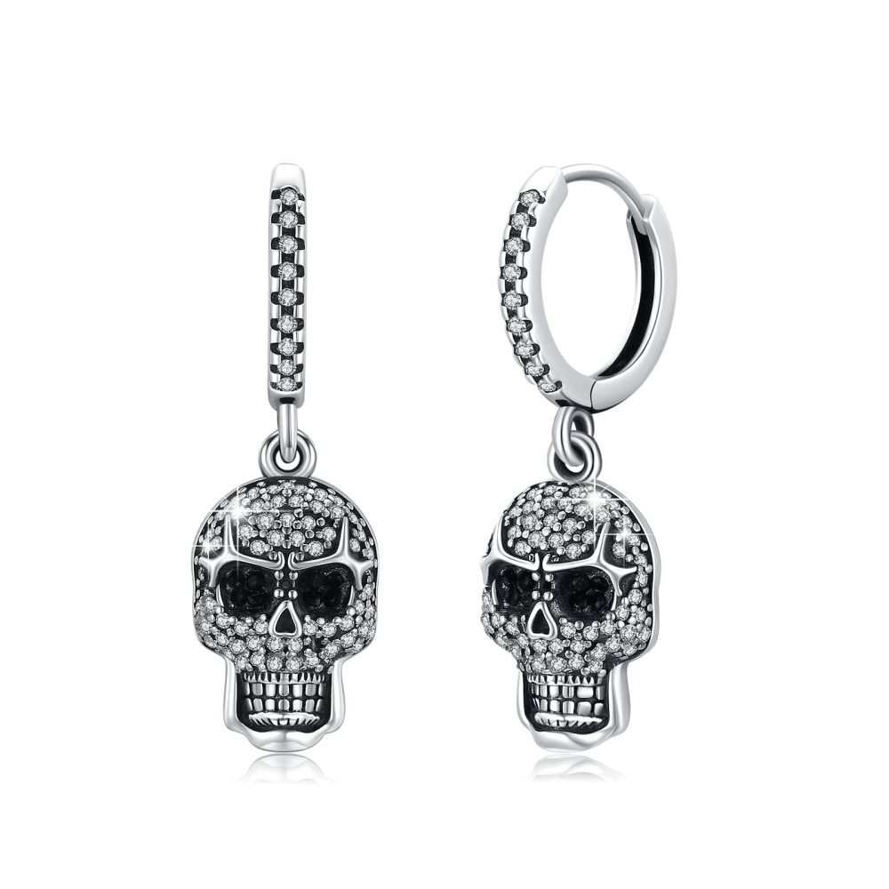 Brincos de prata esterlina com zircónias cúbicas e caveira para homem-1