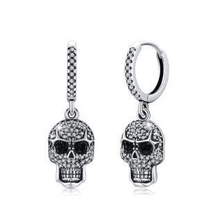 Sterling Silver Cubic Zirconia Skull Drop Earrings for Men-24