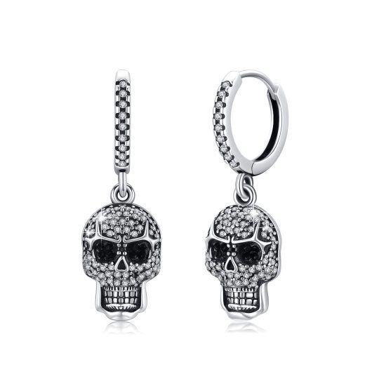 Sterling Silver Cubic Zirconia Skull Drop Earrings for Men-5