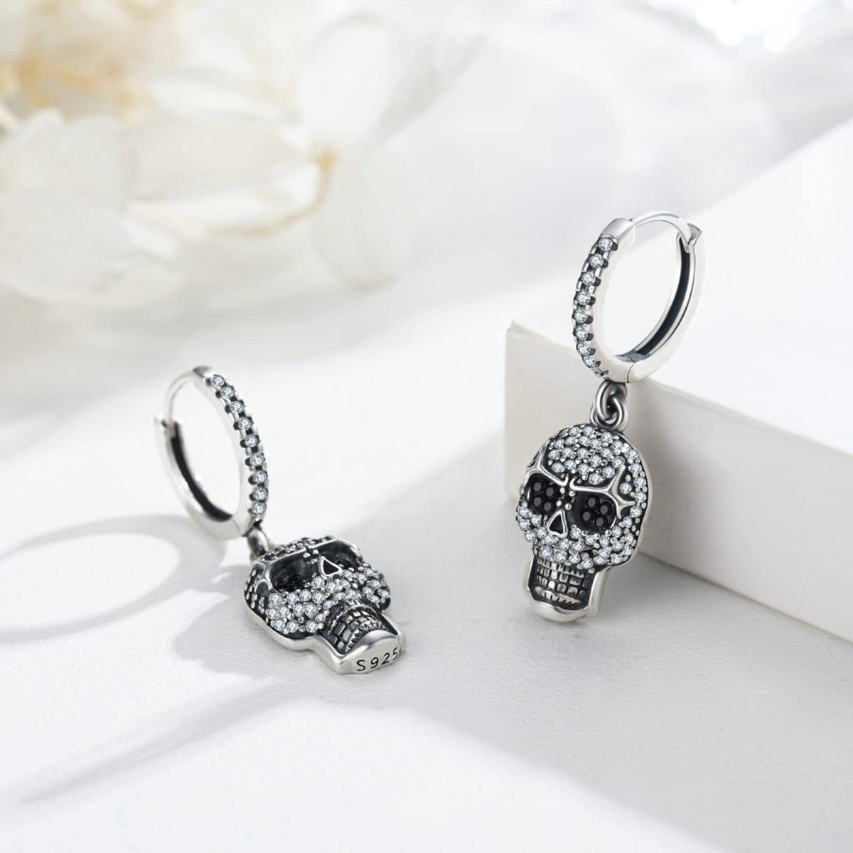 Sterling Silver Cubic Zirconia Skull Drop Earrings for Men-3