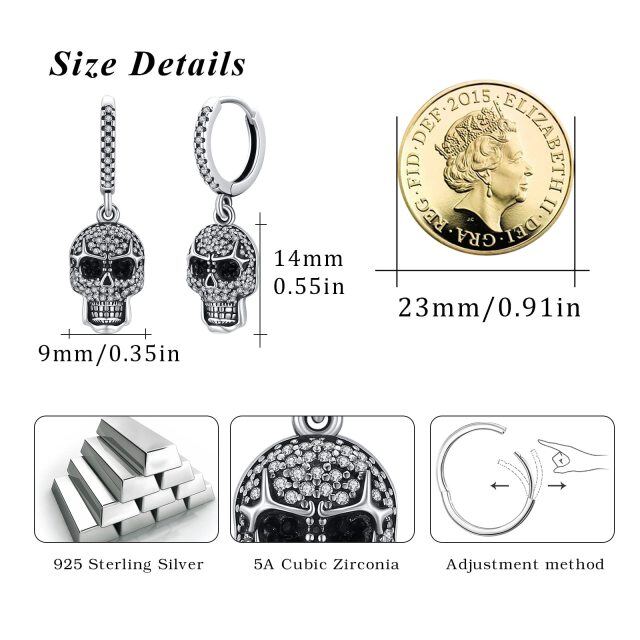 Sterling Silver Cubic Zirconia Skull Drop Earrings for Men-4